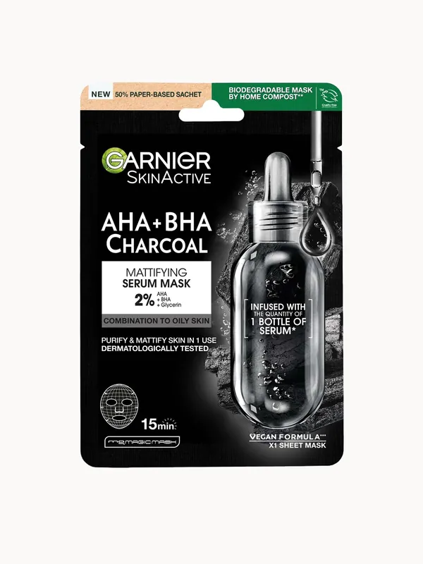 Garnier AHA + BHA Charcoal Mattifying Serum Sheet Mask 28g