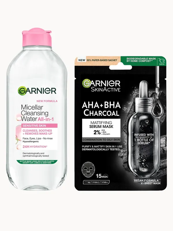 Garnier Micellar Water Sensitive Skin and Hydrating Face Sheet Mask for Enlarged Pores Kit Exclusive (Worth £8.98)