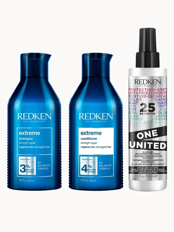Redken Extreme Shampoo, Conditioner and One United Multi-Benefit Leave-in Treatment, Strength Repair Bundle for Damaged Hair