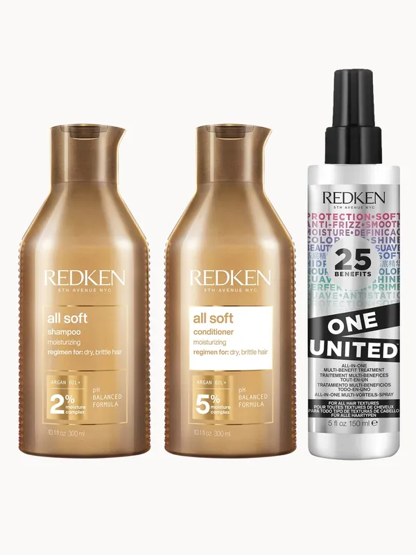 Redken All Soft Shampoo, Conditioner and One United Multi-Benefit Treatment Spray Hydrating Bundle for Dry Hair