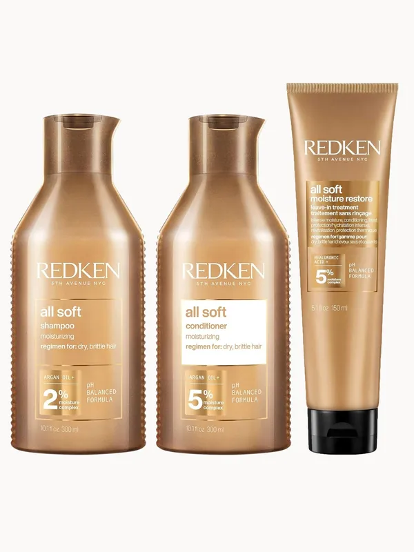 Redken All Soft Shampoo, Conditioner and Moisture Restore Leave-In Treatment, Hydrating Bundle, Softness & Shine, for Dry Hair