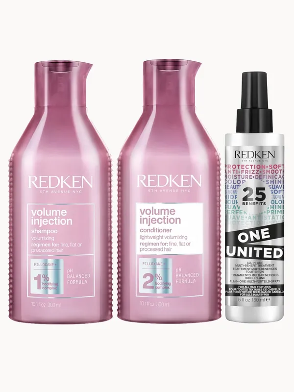 Redken Volume Injection Shampoo, Conditioner and One United Treatment Spray Routine for Fine/Flat Hair