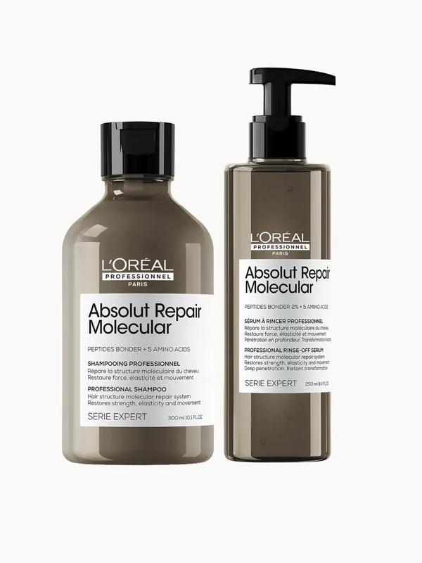 L'Oréal Professionnel Absolut Repair Molecular Shampoo 300ml & Rinse Off Serum 250ml Set for Damaged Hair