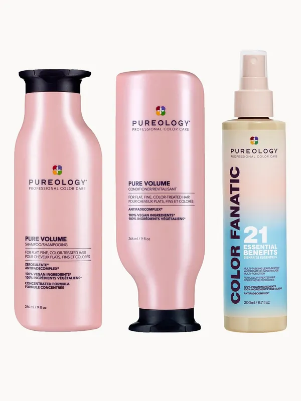 Pureology Pure Volume Shampoo, Conditioner and Color Fanatic Spray Routine for Flat and Fine Hair