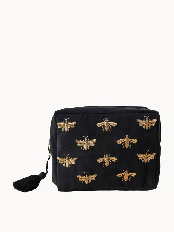 Elizabeth Scarlett Honey Bee Charcoal Velvet Wash Bag
