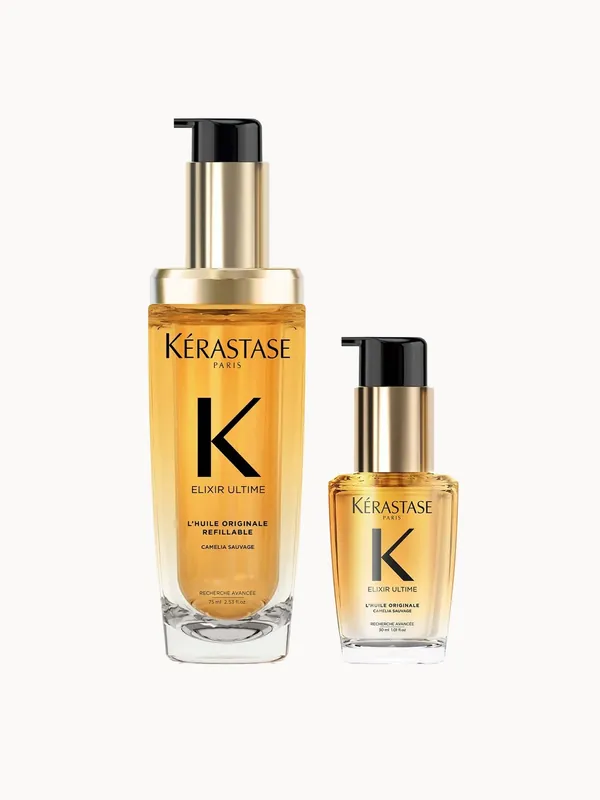 Kérastase Elixir Ultime L'Huile Originale Hair Oil 75ml and Elixir Ultime Hair Oil 30ml Travel Size Duo for All Hair Types - Kerastase