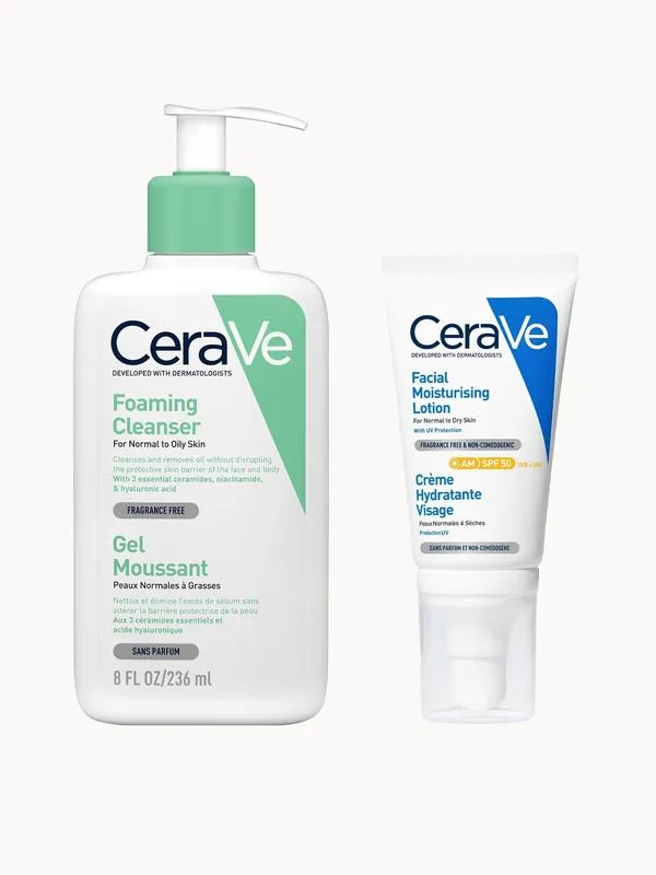 CeraVe Morning Cleanse and Protect Duo for Oily Skin, Cleanser with Niacinamide and Moisturiser with SPF 50 and Hyaluronic Acid