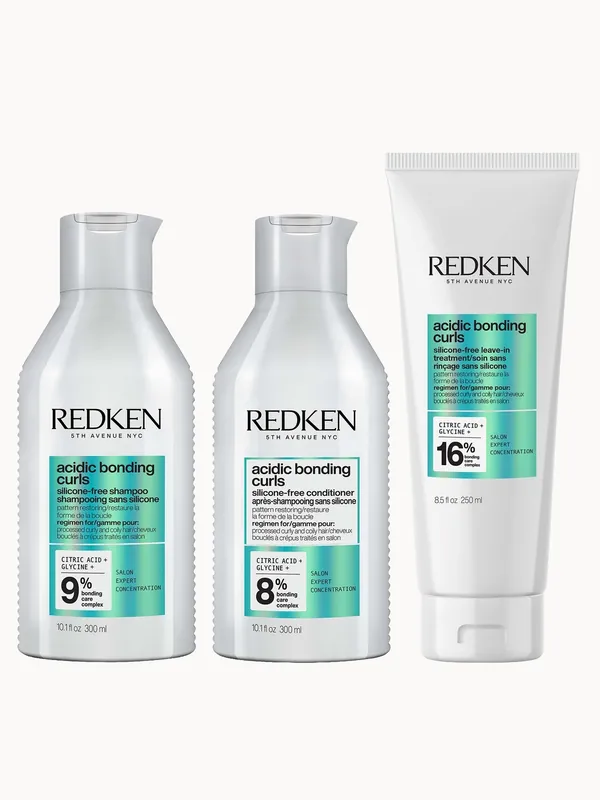 Redken Acidic Bonding Curls Shampoo 300ml, Conditioner 300ml, & Leave-In 250ml Bundle for Damaged Curly & Coily Hair