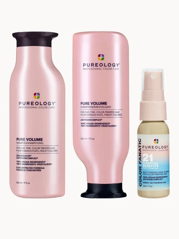 Pureology Pure Volume Shampoo and Conditioner with Color Fanatic Spray Bundle for Flat Fine Colour Treated Hair