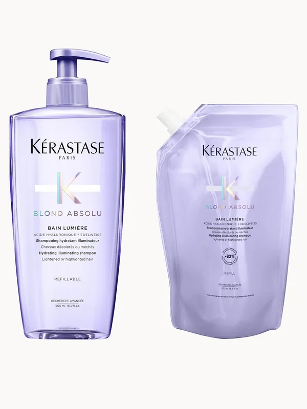 Kérastase Blond Absolu Refillable Shampoo and Refill Pouch Duo for Blonde or Lightened Hair with Hyaluronic Acid 500ml