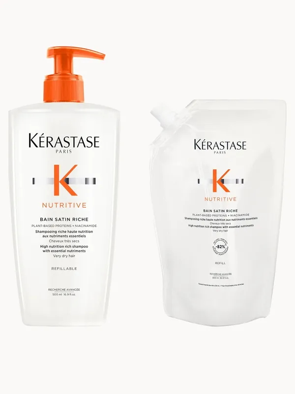 Kérastase Nutritive Bain Satin Riche Refillable Shampoo and Refill Pouch 500ml With Niacinamide For Very Dry Hair - Kerastase