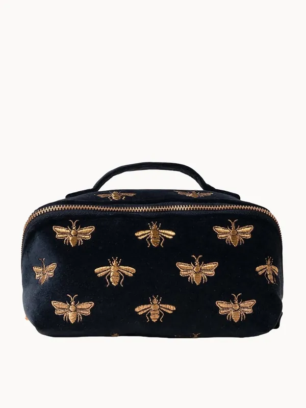 Elizabeth Scarlett Honey Bee Charcoal Velvet Open Flat Makeup Bag