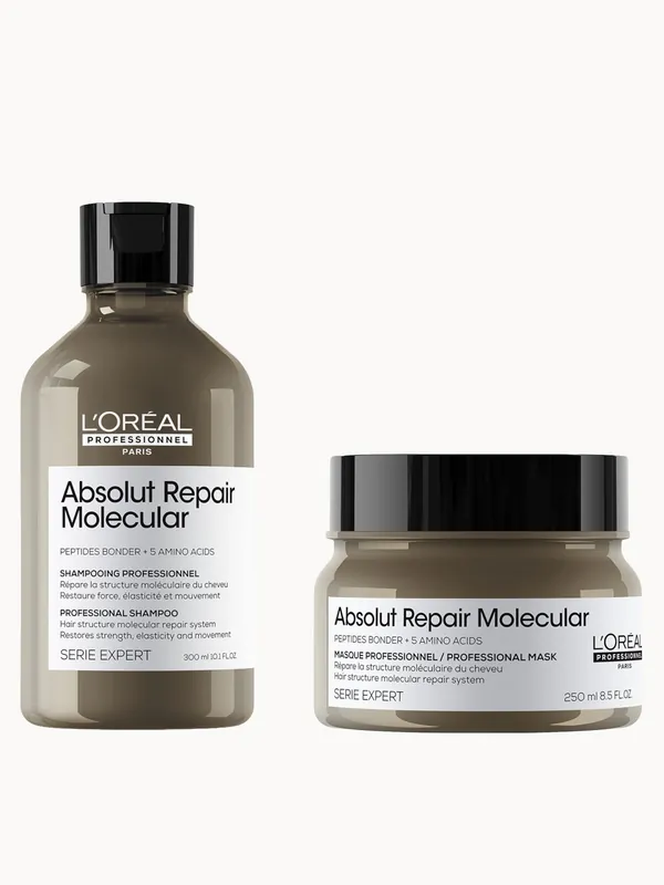L'Oréal Professionnel Absolut Repair Molecular Shampoo 300ml and Rinse-Off Mask 250ml Set for Damaged Hair