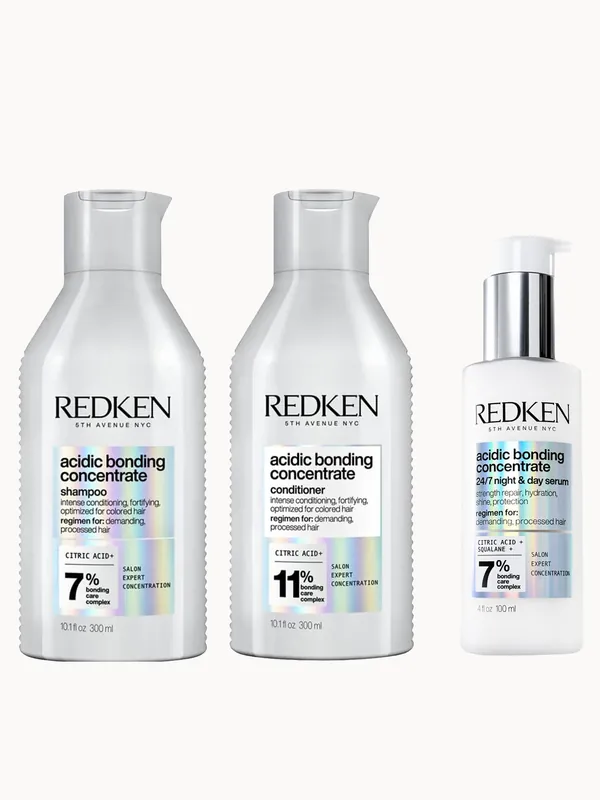 Redken Acidic Bonding Concentrate Shampoo 300ml, Conditioner 300ml and 24/7 Night & Day Serum 100ml Repair Damaged Hair Bundle