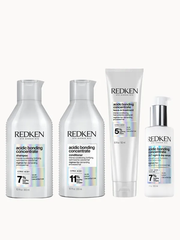 Redken Acidic Bonding Concentrate Shampoo 300ml, Conditioner 300ml, Leave-in Treatment 150ml and 24/7 Night & Day Serum Bundle