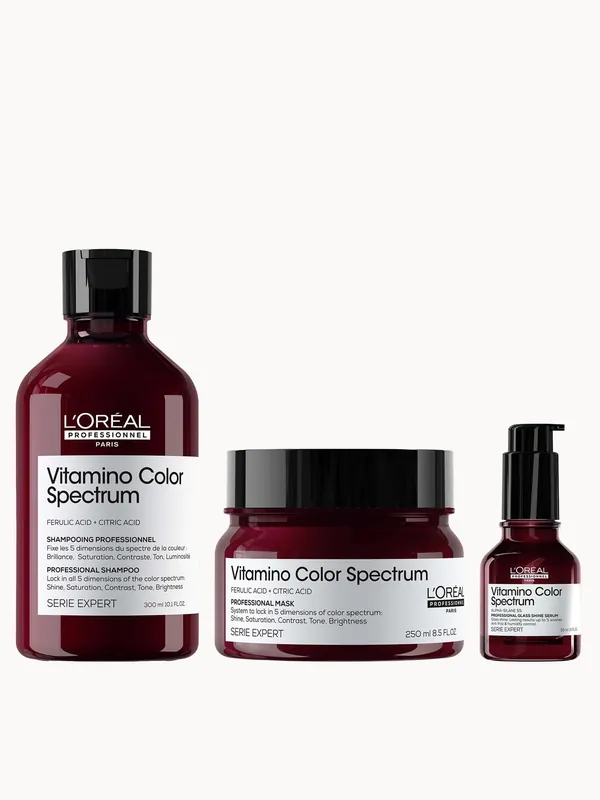 L'Oréal Professionnel Vitamino Color Spectrum Shampoo 300ml, Rinse Off Hair Mask 250ml and Serum 50ml Bundle for Coloured Hair