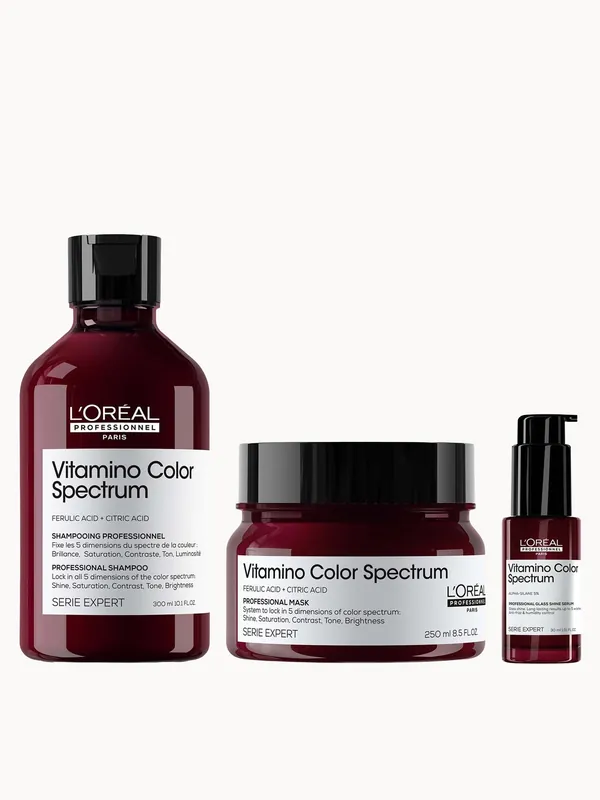 L'Oréal Professionnel Vitamino Color Spectrum Shampoo 300ml,Rinse Off Hair Mask 250ml and Serum 30ml Bundle for Coloured Hair