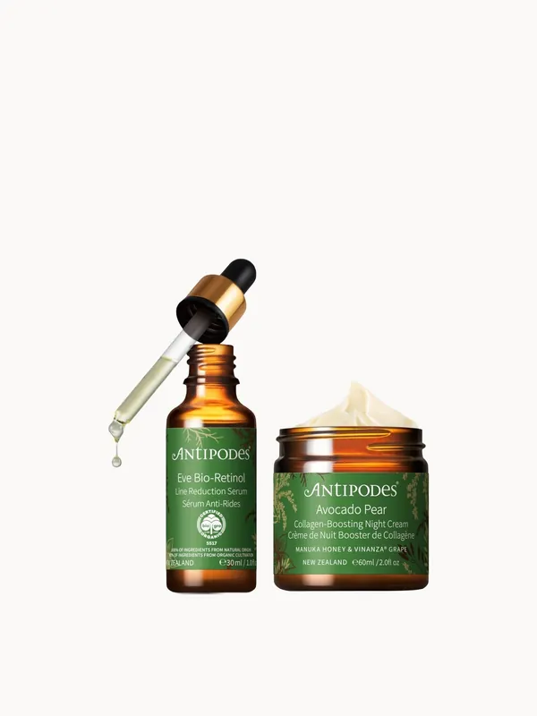 Antipodes Eve Bio-Retinol Line Reduction Serum 30ml, Avocado Pear Collagen-Boosting Night Cream 60ml Bundle