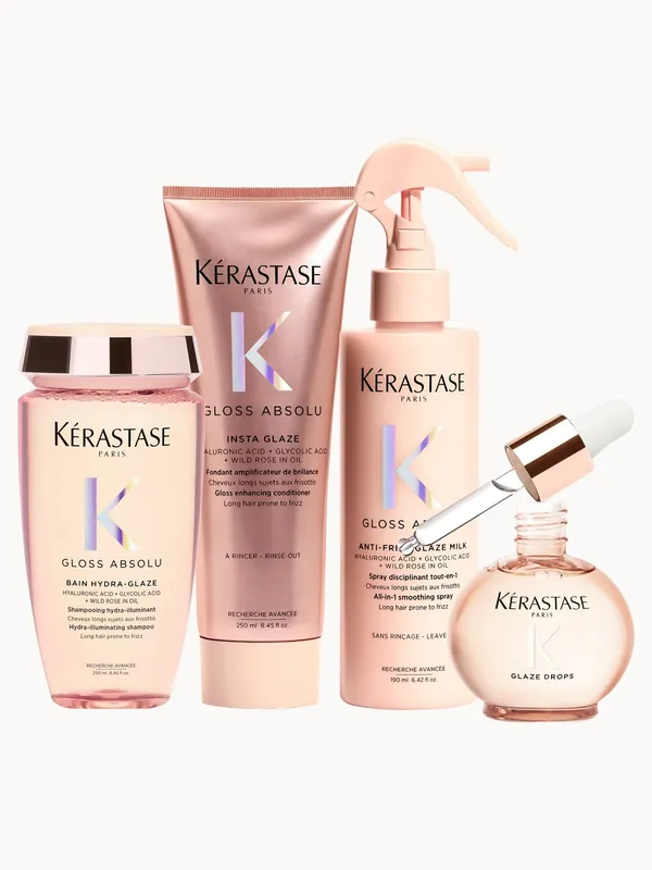 Kérastase Gloss Absolu Shampoo, Conditioner. Treatment Spray and Glaze Drops Hair Oil Routine - Kerastase