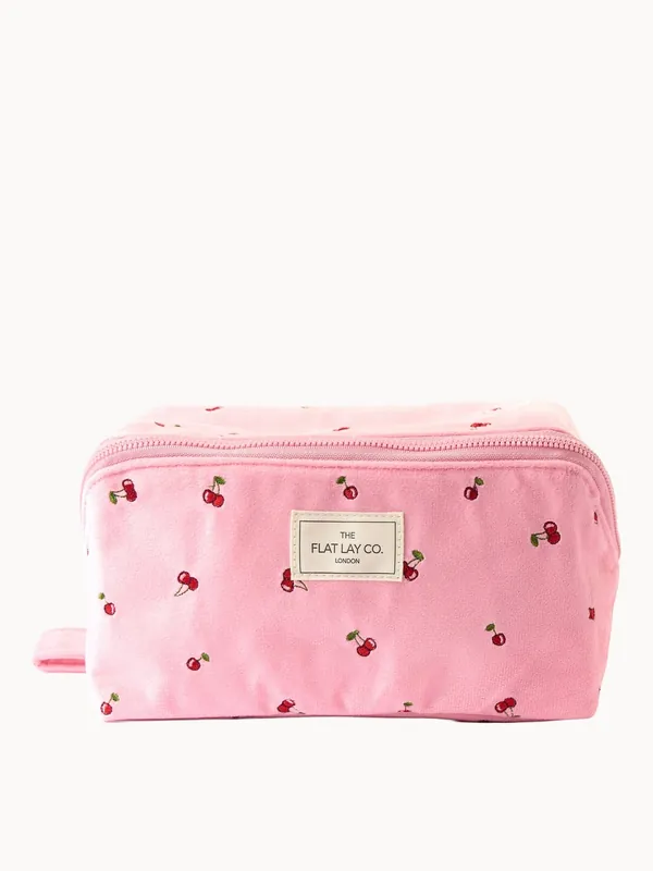 The Flat Lay Co. Flat Lay Makeup Box Bag - Ditsy Cherries Pink Embroidered Velvet