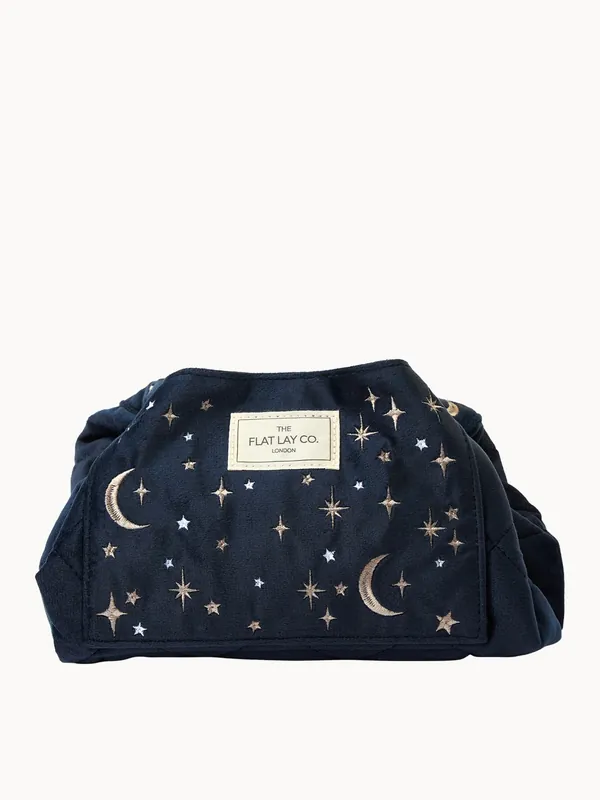 The Flat Lay Co. Drawstring Flat Lay Makeup Bag - Celestial Blue Embroidered Velvet