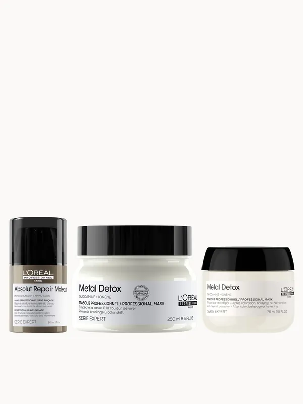 L'Oréal Professionnel Metal Detox Hair Mask & Absolut Repair Molecular Leave-In Cream, repair damage mask set 250ml & 50ml