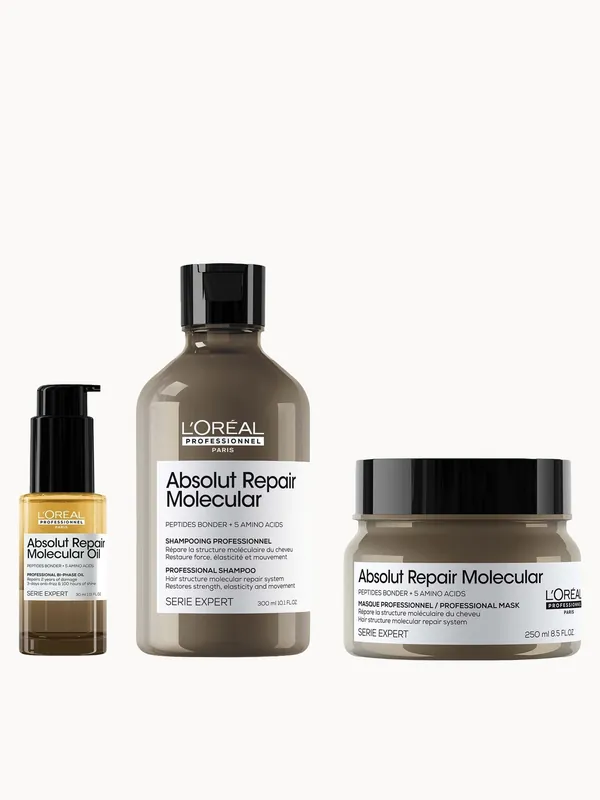 L'Oréal Professionnel Absolut Repair Molecular Shampoo 300ml, Hair Mask 250ml & Bi-Phase Hair Oil for Damaged Hair 30ml