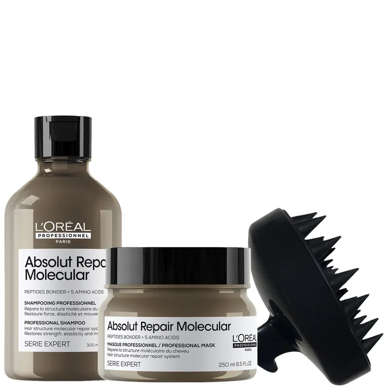 L’Oreal Professionnel Absolut Repair Molecular Shampoo 300ml & Hair Mask with Scalp Brush, For Damaged Hair - L'Oréal Professionnel