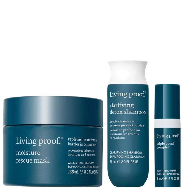 Living Proof Clarifying Detox Shampoo, Moisture Rescue Mask + Triple Bond Complex for Detox, Hydration & Hair Repair