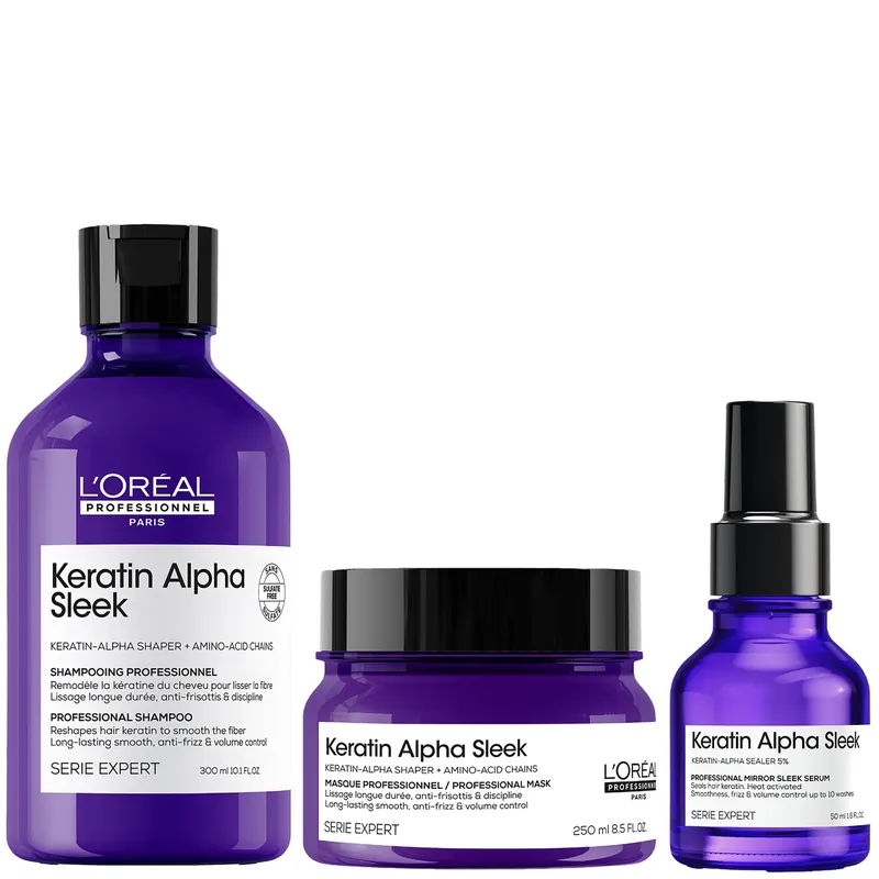L'Oréal Professionnel Keratin Alpha Sleek Shampoo, Hair Mask & Hair Serum Bundle - Antifrizz