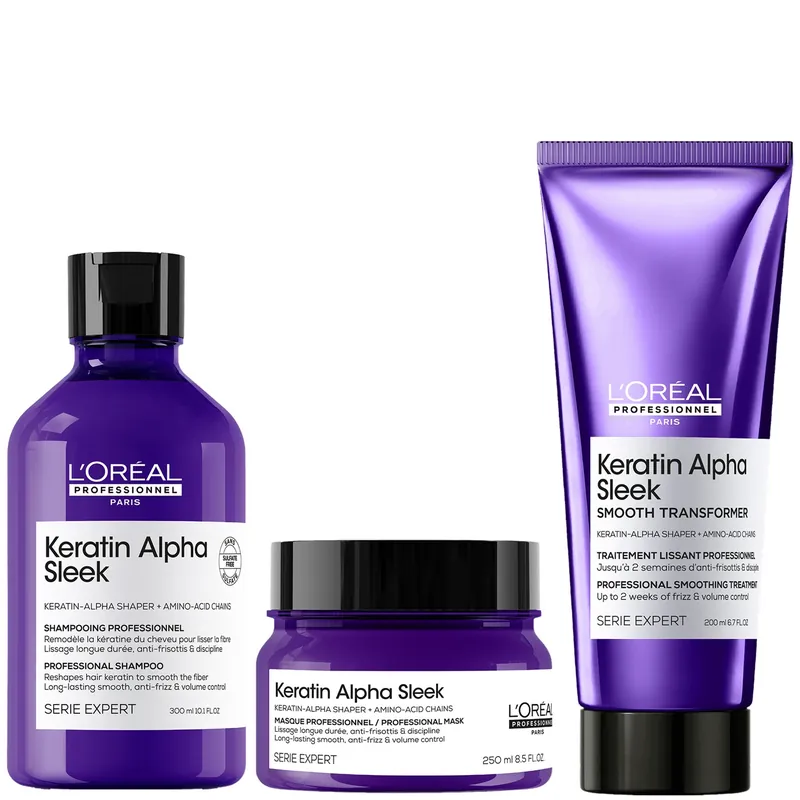 L'Oréal Professionnel Keratin Alpha Sleek Shampoo, Hair Mask & Smooth Transformer Bundle - Antifrizz