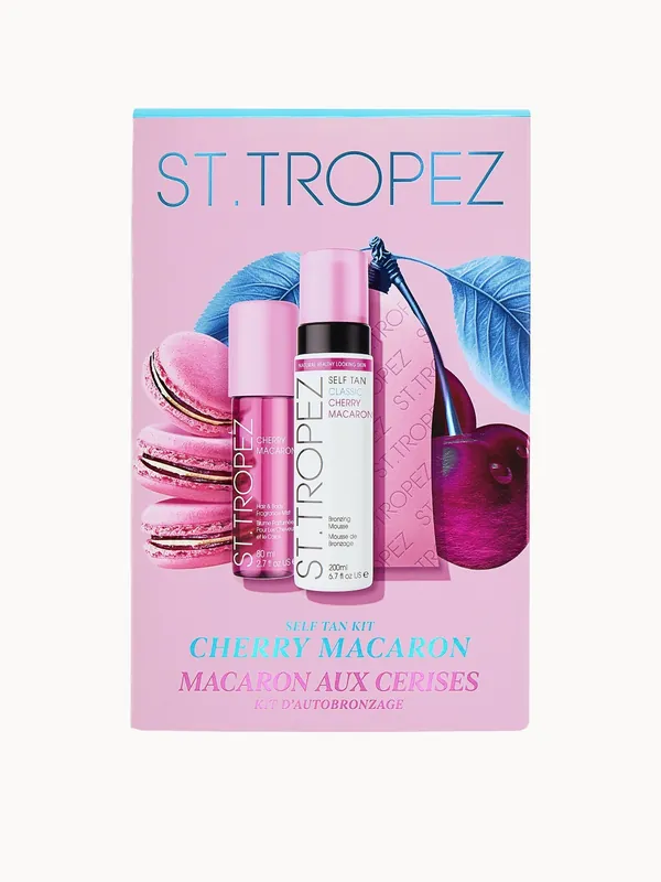 St.Tropez Self Tan Cherry Macaron Kit, Iconic Classic Mousse 200ml, Limited Edition Pink Mitt & New Hair & Body Cherry Macaron Fragrance Mist - St. Tropez