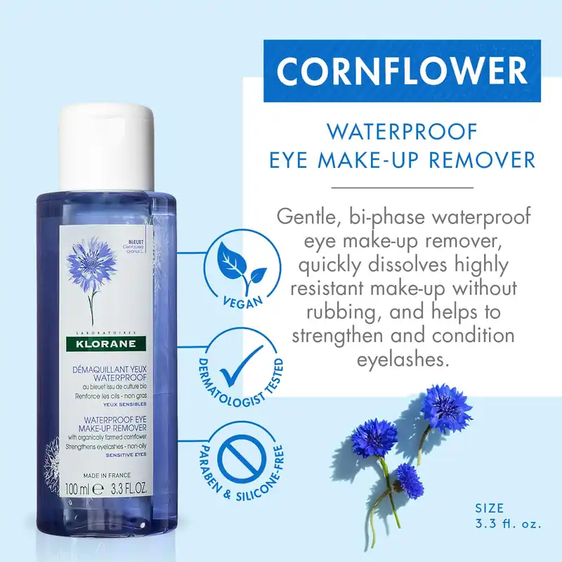 Klorane Waterproof Eye Make-Up Remover 3.3 oz / 100 ml | With Cornflower