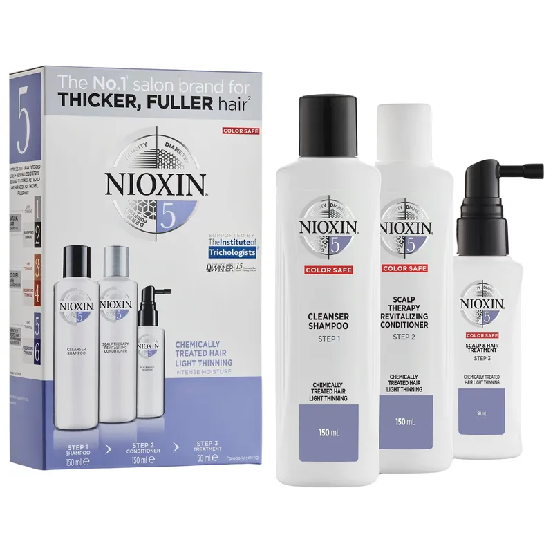Nioxin System 5 Shampoo, Conditioner & Treatment 3-Step Kit | Chemically Treated Hair / Light Thinning