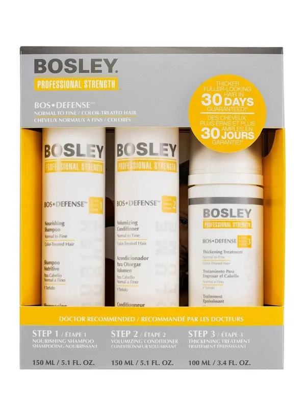 Bosley BosDefense Nourishing Shampoo, Volumizing Conditioner & Thickening Treatment Kit | For Normal To Fine Color-Treated Hair