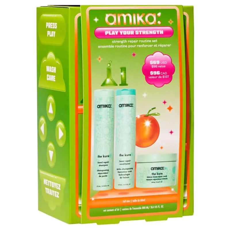 Amika Play Your Strength Gift Holiday Kit | The Kure Bond Repair Shampoo, Conditioner & Mask