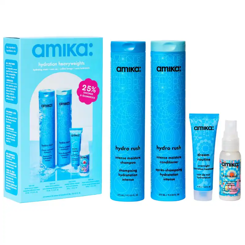 Amika HYDRATION HEAVYWEIGHTS Hydration Wash + Care Set | HYDRO RUSH Shampoo & Conditioner + DREAM ROUTINE Treatment & Leave-In Conditioner