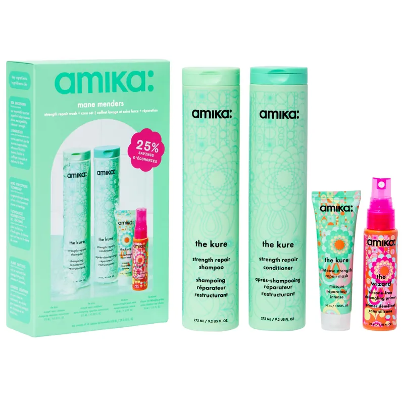 Amika MANE MENDERS Strength Repair Wash + Care Set | THE KURE Shampoo, Conditioner & Mask + THE WIZARD Detangling Primer