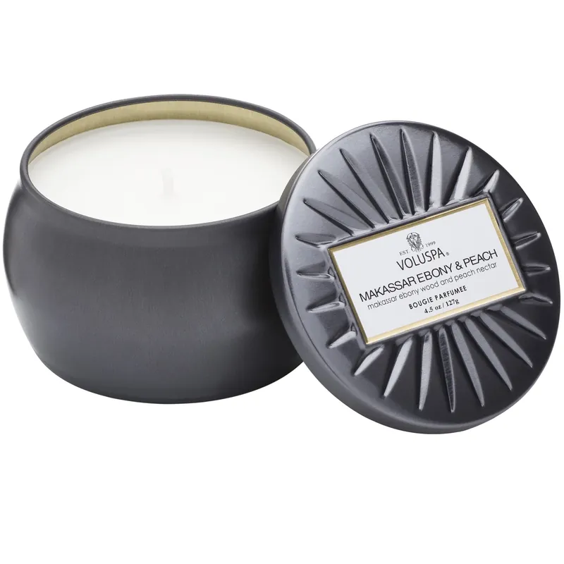 Voluspa Mini Tin Candle 4.5 oz / 127 g - Makassar Ebony & Peach