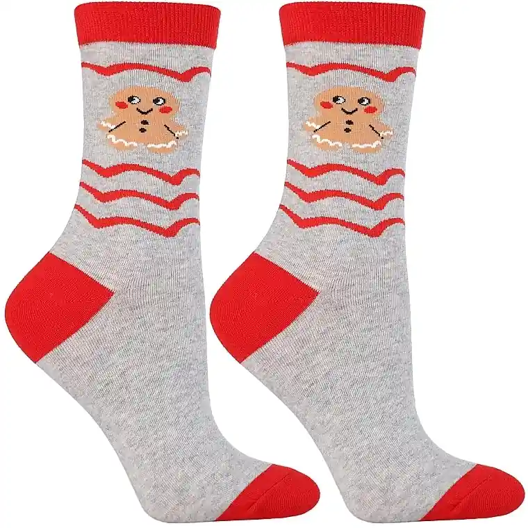 Women Christmas Socks, CSLS250-017, grey with gingerbread