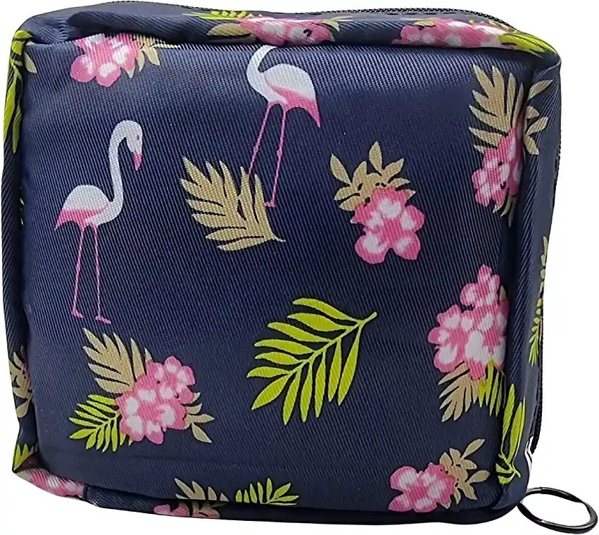Mini Pouch for Sanitary Pads, Flamingo and Palm Leaves, Dark Blue - Accessories
