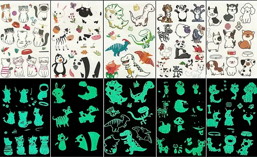 Glowing Temporary Tattoos for Kids, animals, 5 pcs. - Accessories