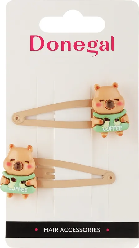Hair clips, 2 pcs, FA-5709, beige, capybaras with coffee