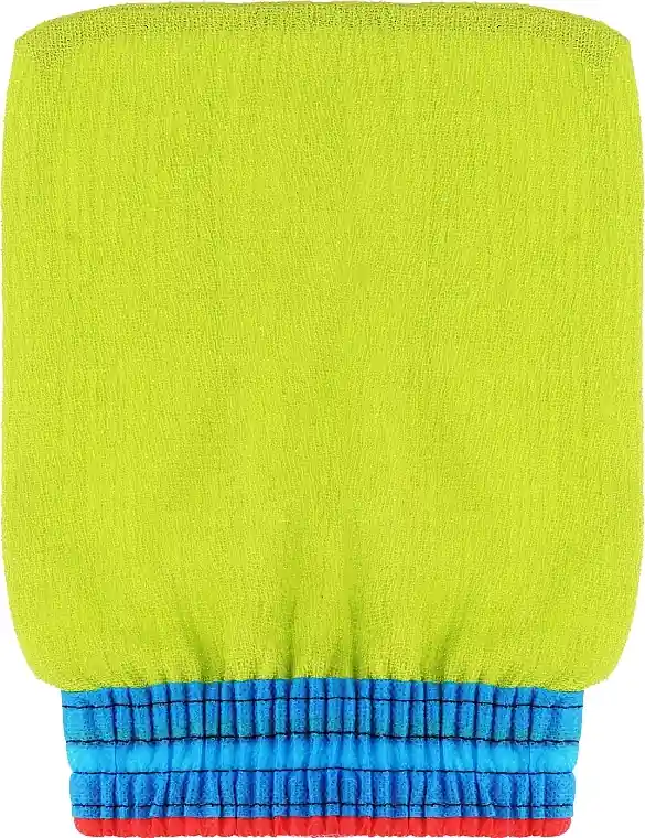 Exfoliating glove for face and body, green with blue-red elastic