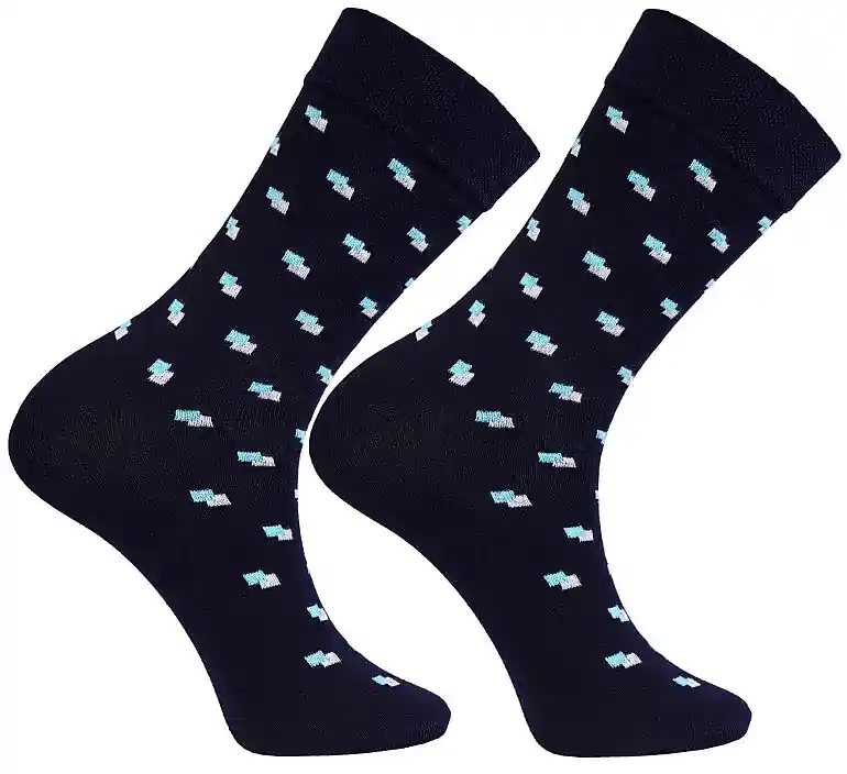 Men's long socks in a fine 'Casual' pattern, navy blue with white and blue diamonds - Clothes