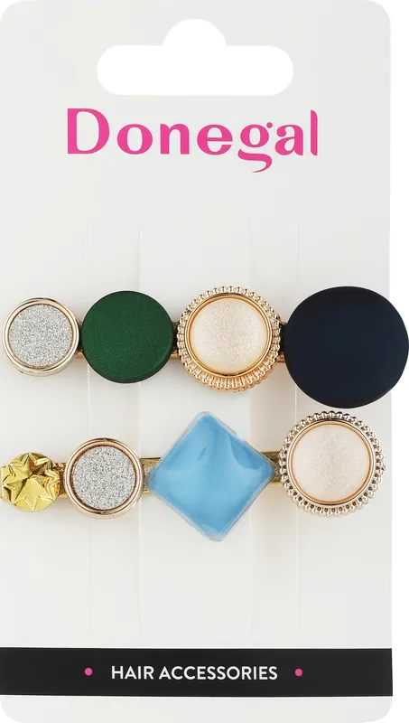 Hair Clips Set of 2, FA-5673, gold with beige, blue, and green stones