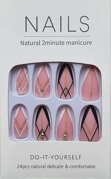 Black & White False Nails with Gold Accents, 24 pcs